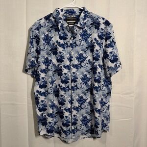 Perry Ellis Men XL Slim Fit Short Sleeve Button Down Shirt Blue Floral Print